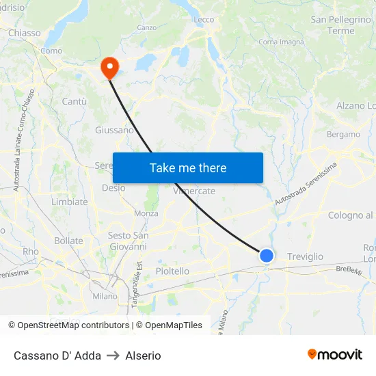 Cassano D'Adda to Alserio map