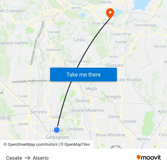 Cesate to Alserio map