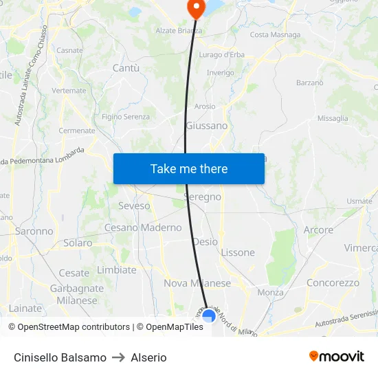 Cinisello Balsamo to Alserio map