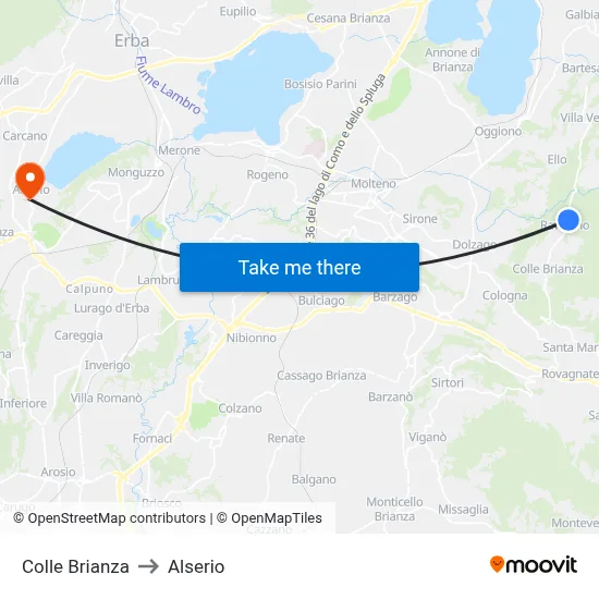 Colle Brianza to Alserio map
