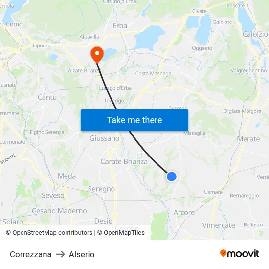 Correzzana to Alserio map