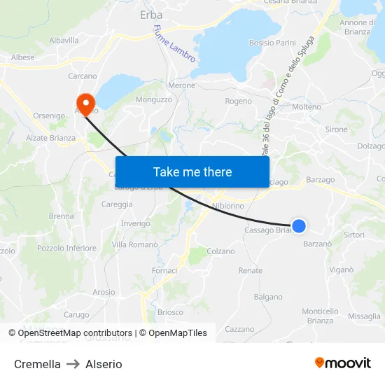 Cremella to Alserio map