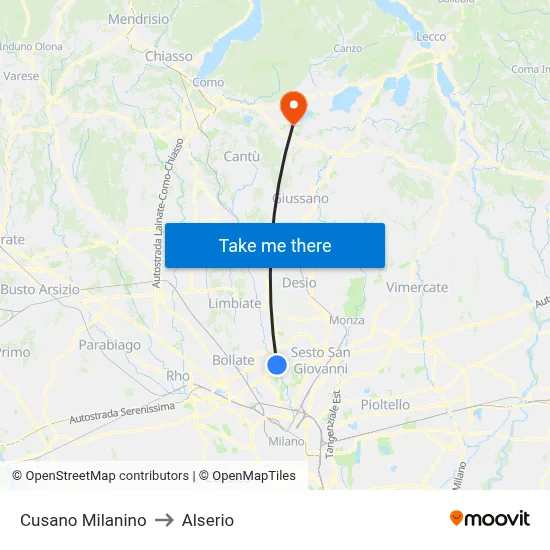 Cusano Milanino to Alserio map