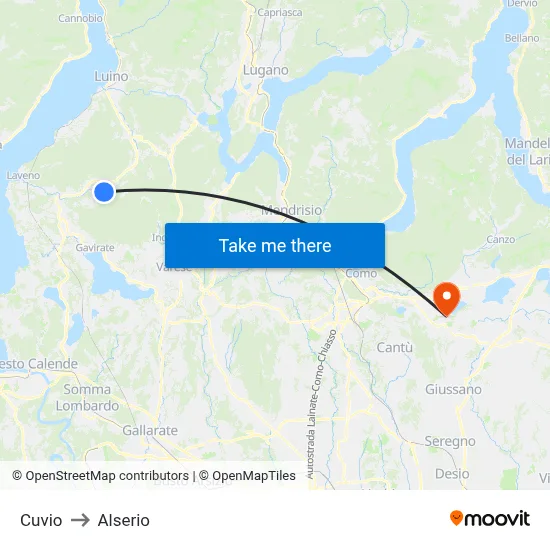 Cuvio to Alserio map
