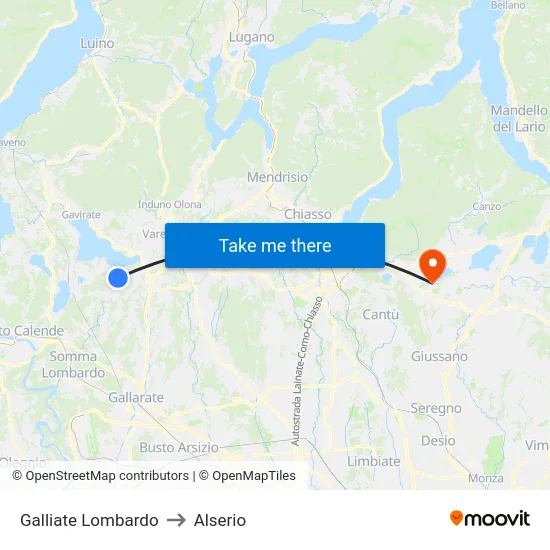 Galliate Lombardo to Alserio map