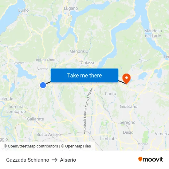Gazzada Schianno to Alserio map