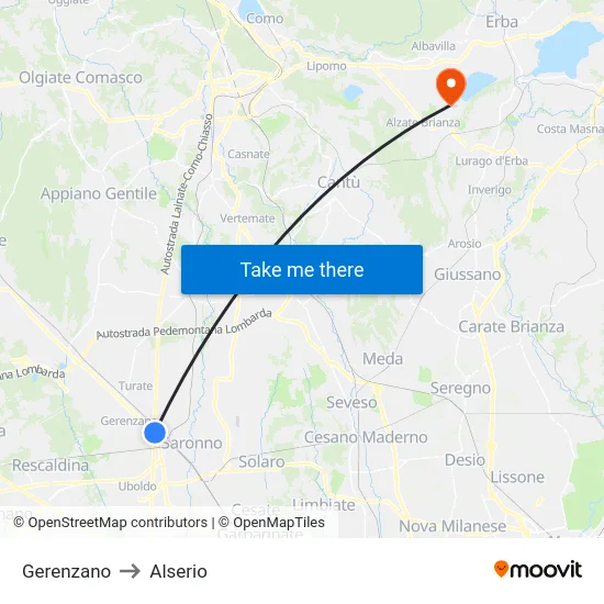 Gerenzano to Alserio map