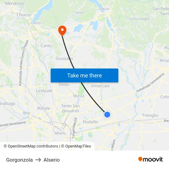 Gorgonzola to Alserio map