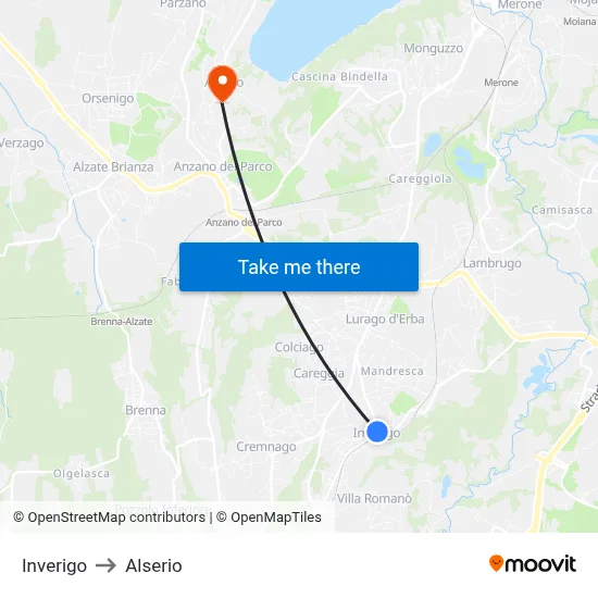 Inverigo to Alserio map
