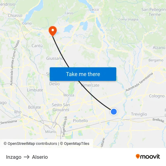 Inzago to Alserio map