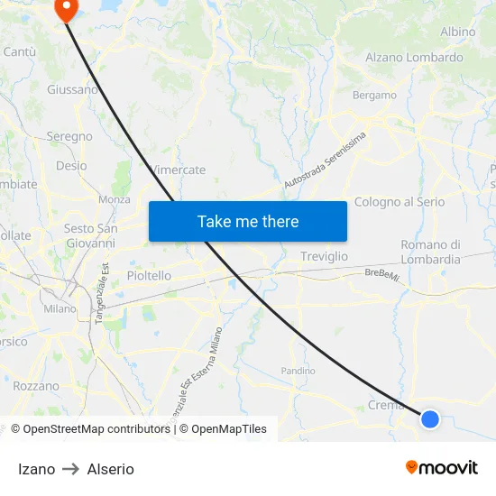 Izano to Alserio map