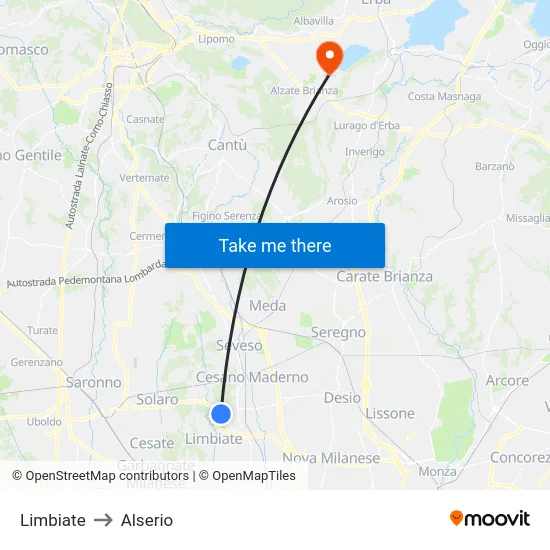 Limbiate to Alserio map