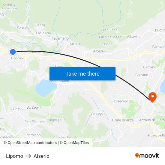 Lipomo to Alserio map