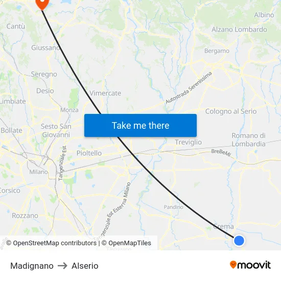 Madignano to Alserio map