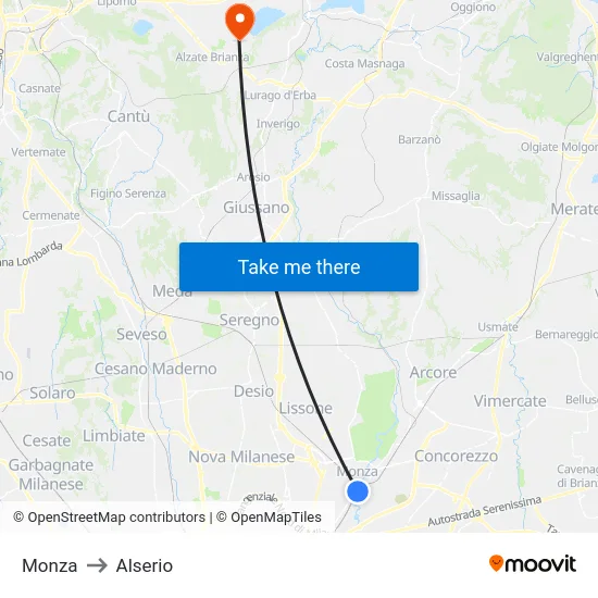 Monza to Alserio map