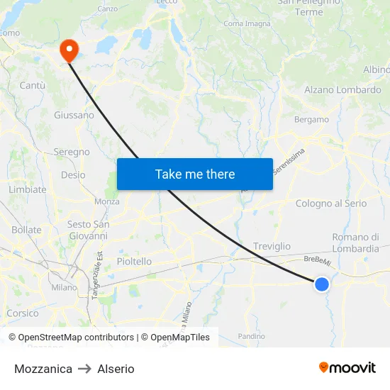 Mozzanica to Alserio map