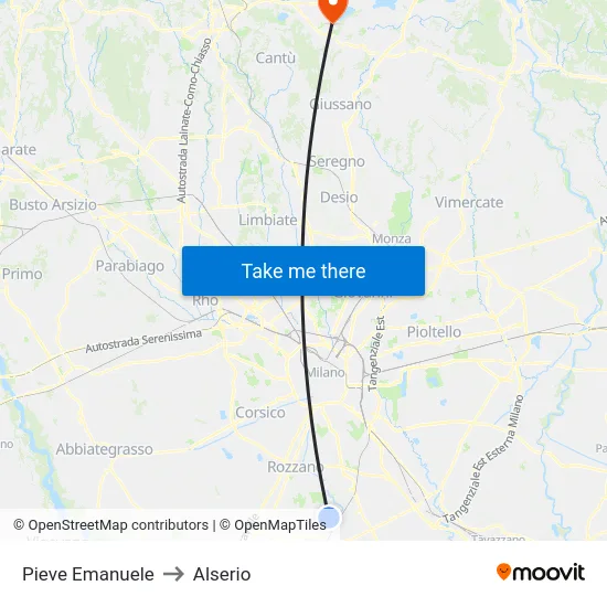 Pieve Emanuele to Alserio map