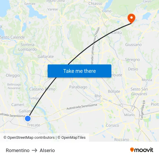 Romentino to Alserio map
