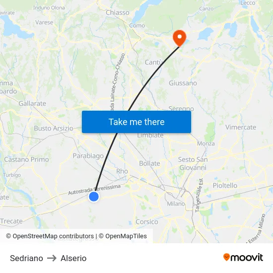 Sedriano to Alserio map