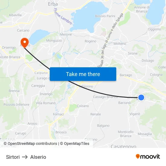Sirtori to Alserio map