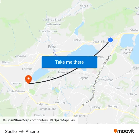 Suello to Alserio map