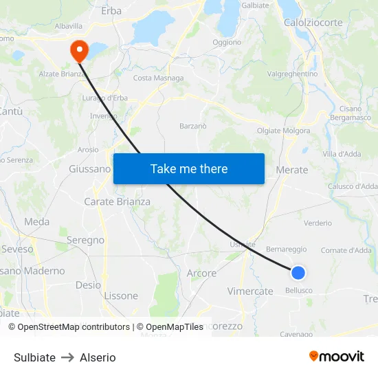 Sulbiate to Alserio map