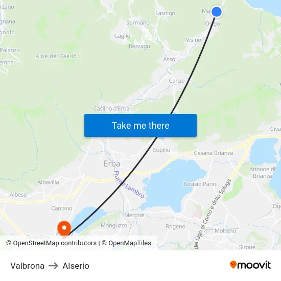 Valbrona to Alserio map