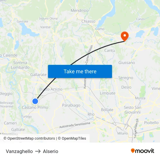 Vanzaghello to Alserio map