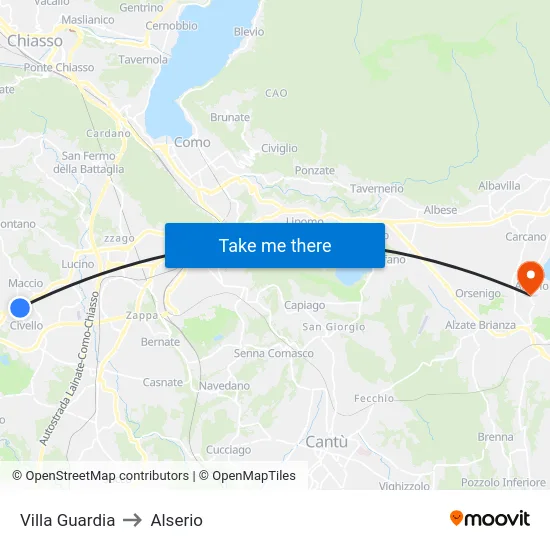 Villa Guardia to Alserio map