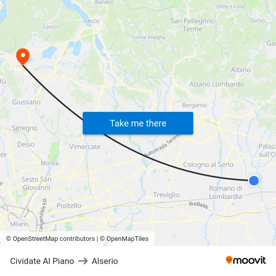 Cividate al Piano to Alserio map