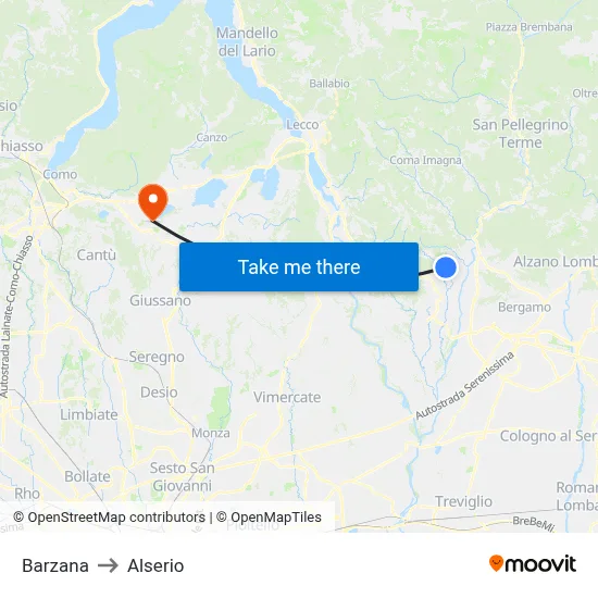 Barzana to Alserio map