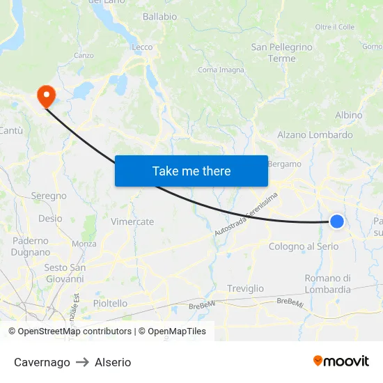 Cavernago to Alserio map