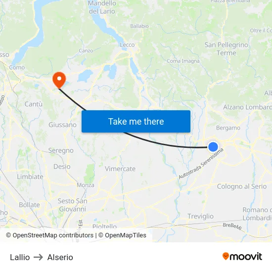 Lallio to Alserio map