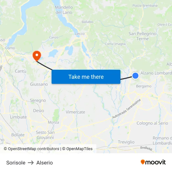 Sorisole to Alserio map