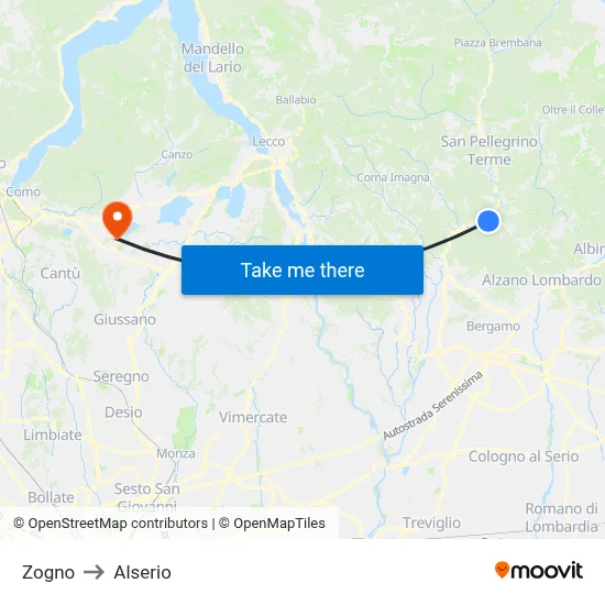 Zogno to Alserio map