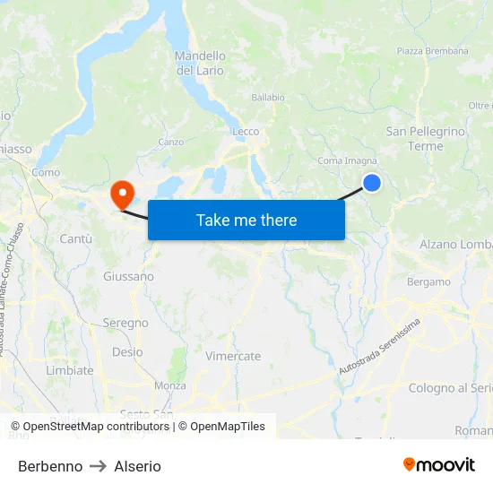 Berbenno to Alserio map
