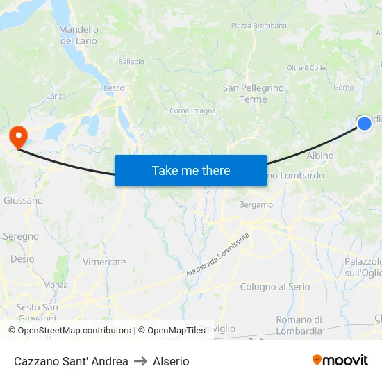 Cazzano Sant' Andrea to Alserio map
