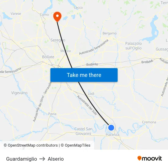 Guardamiglio to Alserio map