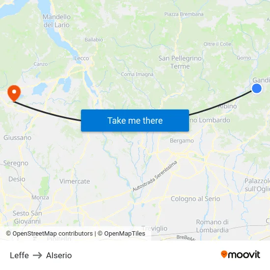 Leffe to Alserio map