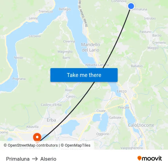 Primaluna to Alserio map