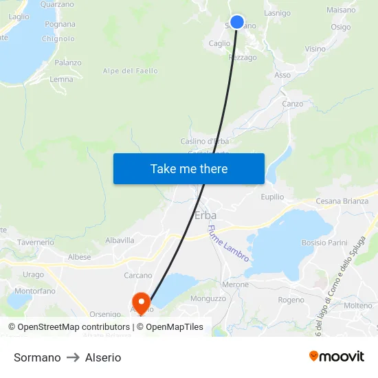 Sormano to Alserio map