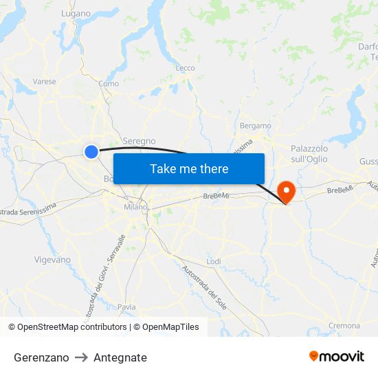 Gerenzano to Antegnate map