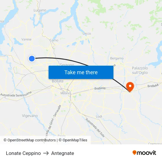 Lonate Ceppino to Antegnate map