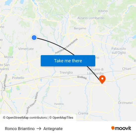Ronco Briantino to Antegnate map