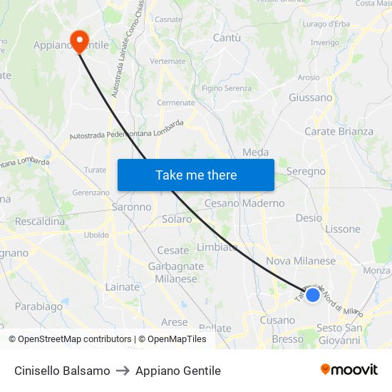 Cinisello Balsamo to Appiano Gentile map