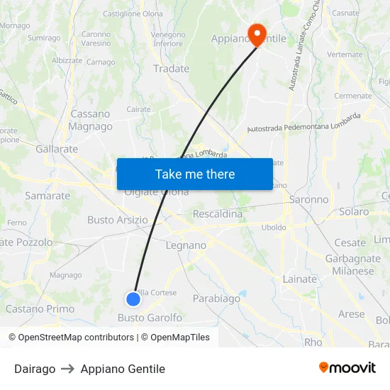 Dairago to Appiano Gentile map