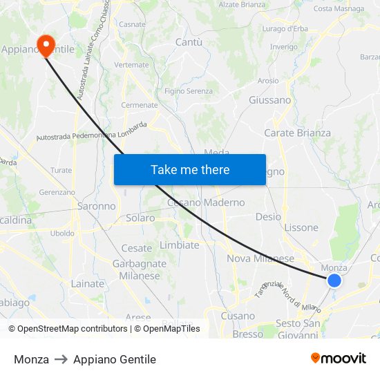 Monza to Appiano Gentile map