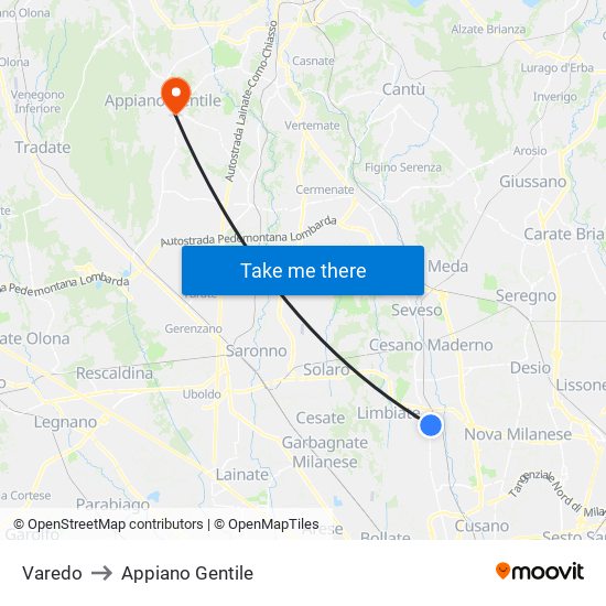 Varedo to Appiano Gentile map