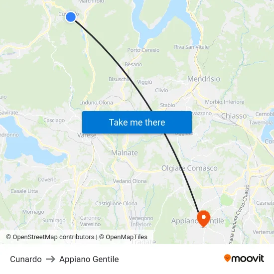 Cunardo to Appiano Gentile map