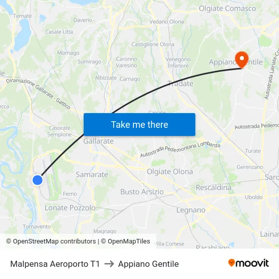 Malpensa Aeroporto T1 to Appiano Gentile map